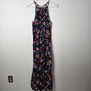 Old Navy Size S Floral High-Neck Waist-Defined Braided-Strap Maxi Sundress Navy